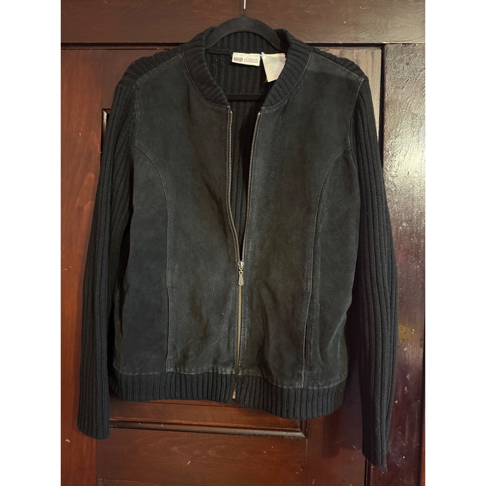 Faded Glory Womens Black Suede Front Ribbed Knit Zip Up Jacket Large Vintage